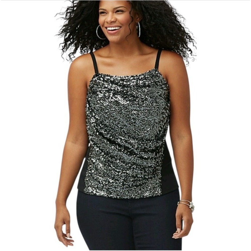 Lane Bryant Sequin Cami Tank Top Plus Size 16 Black Sparkle Disco Glam Night Out